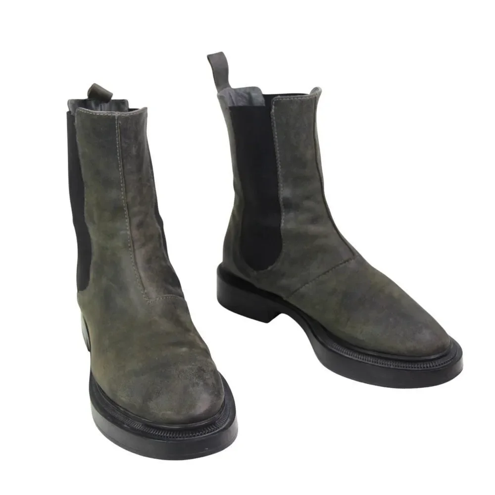ALL BLACK GRAY REAL LEATHER LOW HEEL ROUND TOE ELASTIC SIDES ANKLE BOOTS Sz 37